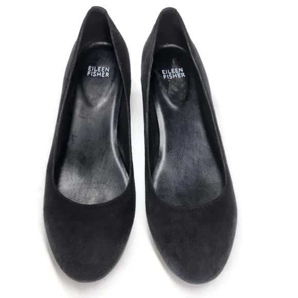 Eileen Fisher Neat Black Suede Round-Toe Low Block Heel Slip-On Pumps - Picture 6 of 14
